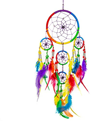 Pink Pineapple Piccolo Dream Catcher Bohemien Fatto a Mano: Acchiappasogni Etico da Appendere Arte da Parete con Piume Arcobaleno e Perline con Tradizionale Disegno all'Uncinetto- (12 x 35 cm)