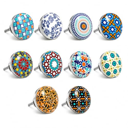 Sats med 10 handmålade keramiska knoppar i olika färger och former. Handgjorda handtag för skåp, lådor, byråer och hängare. Klassiska keramiska knoppar 40mm diameter