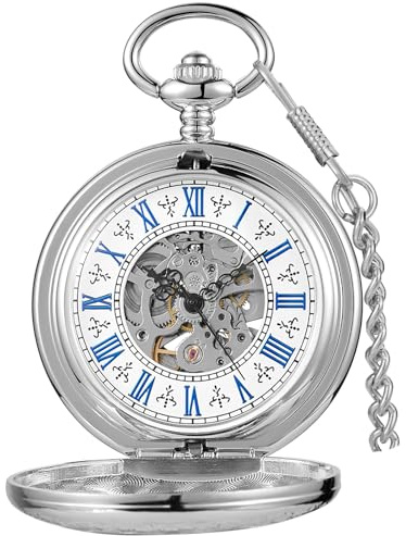 Tiong Vintage Steel Pocket Watch Mechanical Automatic Steampunk Unique Roman Numerals Pocket Watches with Chain Clip for Men