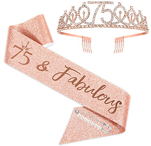 Schärpe und Krone zum 75. Geburtstag für Frauen, 7 fabelhafte Schärpen, Geburtstagsparty-Accessoires, Geburtstagsdekoration, Krone zum 75. Geburtstag, glitzernde Geburtstagsschärpe in Roségold