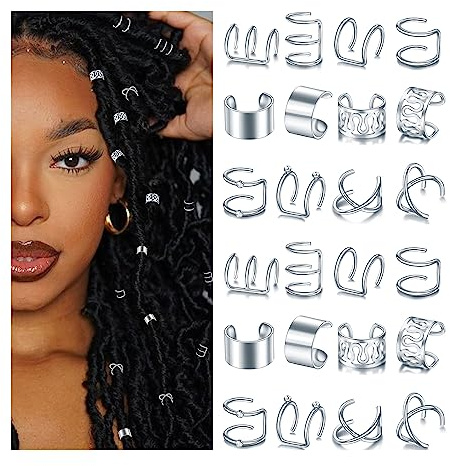 NAISKA 24PCS Hair Jewelry for Braids with Crystal Rhinestone Loc Dreadlock Accessories Metal Alloy Braid Clips Non-Piercing Ear Cuffs Locs Jewelry for Women Men Hair Accessories(Silver)
