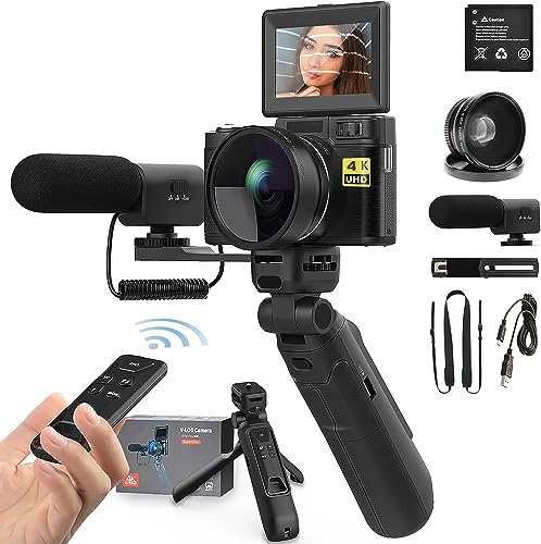 Fine Life Pro Digitalkamera 4K 48MP Autofokus Full HD Vlogging Kamera für YouTube Flip Screen Kompaktkamera mit Stativgriff, Weitwinkel & Makroobjektiv, Mikrofon, Batterien, Schwarz