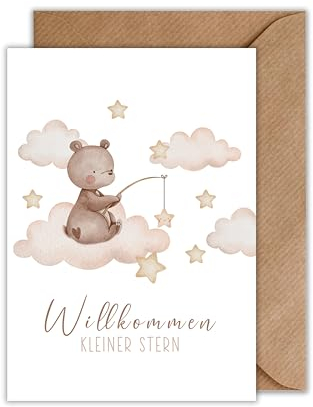 Glückwunschkarte Geburt Willkommen Kleiner Stern Geburt Klappkarte Bär Geburtskarte mit Umschlag (DIN A6)