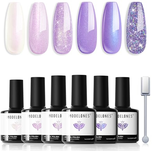 Modelones UV Nagellack, 6 Farben Cat Eye UV Gel Nagellack, Weiß Lila Glitzer Serie Soak Off Nail Polish French Manicure DIY zu Hause