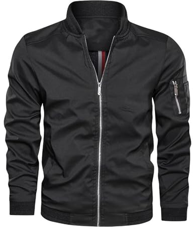 Uomo Primavera-Autunno Classica-Casual Bomber-Leggero Jacket-Cappotto - Cotone Softshell Sottile Sportiva All'Aperto Collo da Baseball Bomber Estivo Giacca Militare Comodo Varsity Giubbotto Nero L