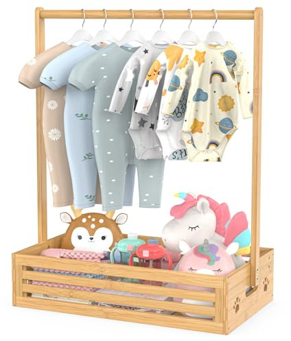 BAMBOOHOMIE Baby Clothing Rack for Toddler, Pets Clothes Rack with Storage Box & Adjustable Hanging Rod for Dogs/Cats, Baby Shower Clothes Closet Rack with Handle for Nursery Room (Baby Clothing Rack)