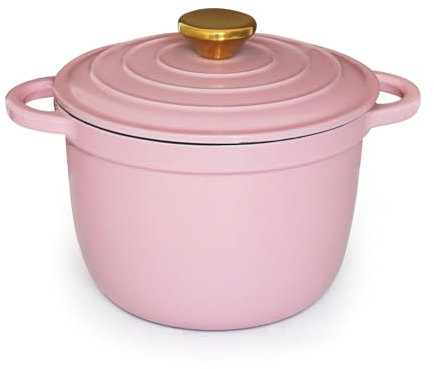FTNESGYM Forno olandese in ghisa smaltata con coperchio, pentola da forno olandese rosa da 2,6 litri, doppia maniglia, per cuocere il pane, cucinare e servire, pentole rivestite in smalto