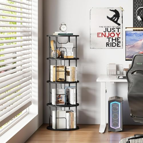 Flycity Étagère à livres pivotante à 360° en bois, étagère avec 4 niveaux réglables, 45×45×129 cm, Noir, Idéal pour livres et décoration