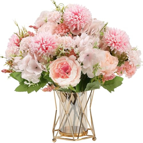 HNVNER Rosa Fiori Finti di Peonia 4 Mazzi, Ortensie Bouquet Fiori Artificiali di Seta, Decorazioni Miste di Ortensie per Composizioni Floreali, Tavola, Feste, Matrimonio, Casa, Cucina