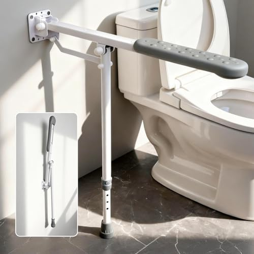 26 Inch Grab Bar for Toilet with Adjustable Height and Length, Flip up Bathroom Safety Rail with Support Leg, 660lbs Capacity Anti-Slip Handicap Toilet Handrail for Seniors