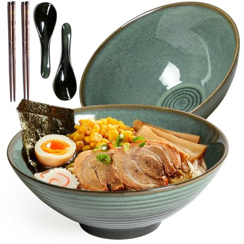 HLWDXno1 2 Pcs Ramen Bowl Set, Ceramic Noodle Bowl with Chopsticks & Spoons Japanese Style Retro Porcelain Tableware Ramen Gift Set, 1200ml Large Soup Bowls for Microwave & Dishwasher Safe, Green