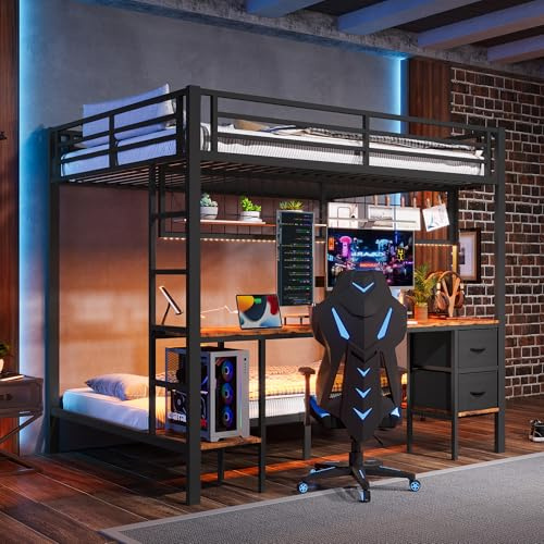 Huayz Cama alta con escritorio de 90 x 200 y 140 x 200 cm, litera con iluminación LED, conexiones USB, 2 cajones, estantes y estantes para colgar, estructura de cama de metal, sin colchón (negro)