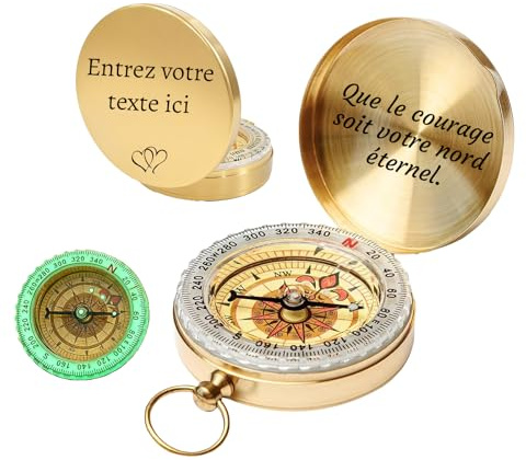 Boussole Personnalisable avec Gravure, Cadeau Inspirant 'Let Courage Be Your Constant North', Métal Doré et Argent (Or)