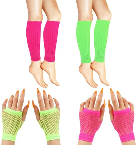 Miiqxx 2 Pairs Neon Leg Warmers 80s and 2 Pairs Fishnet Gloves,80S Leg Warmers,Green and Pink LegWarmers,80s Accessories for Women and Girls