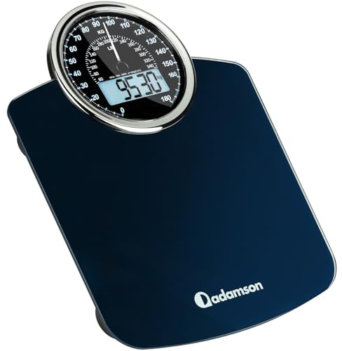 Bilancia Pesapersone Analogica e Digitale Ibrida Adamson 2 in 1 per Peso Corporeo fino a 180 kg - Vetro Spesso - Large Display - Bilancia Digitale di Facile - Blu con Retroilluminazione Nera