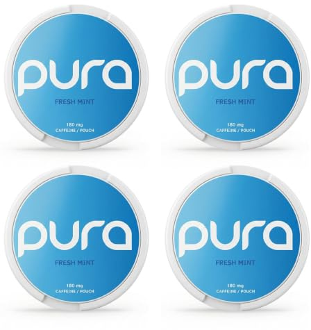 Pura Energy Pouches | 180 mg Naturligt Koffein | Sockerfri Energi med Vitaminer & Aminosyror | 20 per Dosa  (4-pack, Fresh Mint)