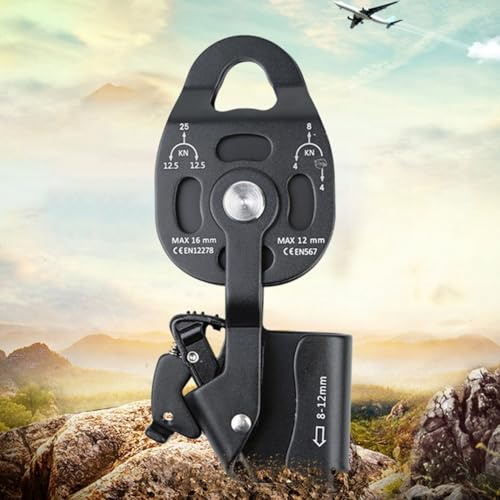 Tidevib Polea de escalada en roca para levantamiento pesado, carga estática de 25 KN, aleación de aluminio unidireccional para polea de trinquete de 8-12 mm, cuerda negra, para rojo/dorado
