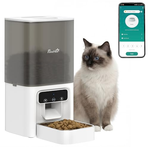 PawHut Distributore Automatico per Gatti, 4.5L WiFi con Timer, Programmabile per 1-10 Pasti, Dispenser Automatico con Registratore Vocale e Alimentazione Doppia per Gattini e Cani di Taglia Piccola