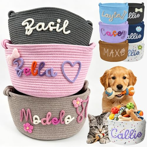 Personalised Dog Toy Basket, Custom Cat Toy Storage Bin, Large Durable Cotton Rope Basket for Puppy/Kitten Supplies, Handmade Pet Toy Box with Name Embroidery, Gift for Pet Lovers (M/L Size, 9 Colors)