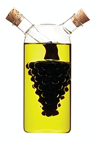 KitchenCraft World of Flavours Oil and Vinegar Dispenser Glass, 2 in 1 Oil and Vinegar Bottle, Cruet Bottle with Cork Stoppers, Grapes Design, 5 + 3 ml