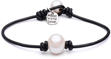 PERNNLA PEARL Cultured Freshwater Single Pearl Bracelet Handmade Genuine Leather Wrap Bracelet with Charm Jewelry Gift for Her 7.8'' Black
