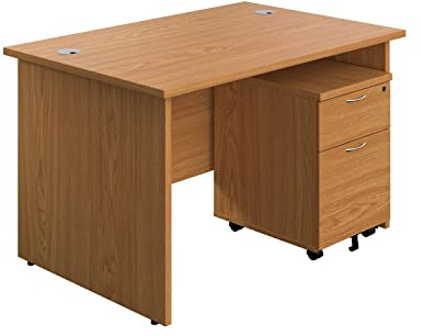 Office Hippo Panel Desk with 2 Mobile Storage Including Filing Drawer, A4, Foolscap, Engineered Wood, Oak, 120 x 80 x 73 cm