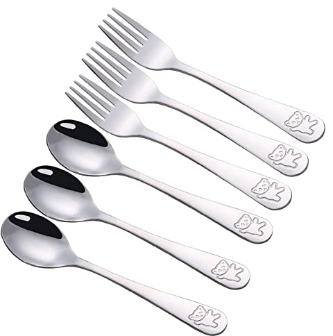 YFOX 6 Stück Kindergeschirr aus Edelstahl,Inhalt 3X Tischgabel,3X Esslöffel (Kleiner Bär)