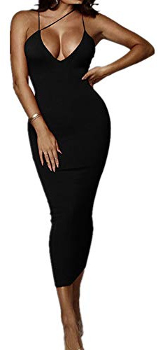 PRIMODA Women's Sexy Neon Asymmetrical Spaghetti Strap Dress Deep V-Neck Sleeveless Bodycon Midi Club Dress(Black,S)