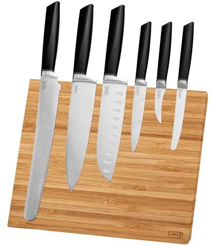 Lurch 230400 TANGO Messerblock (magnetisch) aus Bambus mit 6 TANGO Messern aus korrisionsbeständigem 3CR14 Messerstahl, Schwarz, Edelstahl, Rotbraun