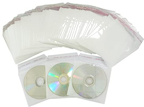 100 Pack Premium CD DVD Sleeves, Self-Seal Resealable Double-Sided Refill Plastic Sleeve with Flap for CD and DVD Storage Binders Disc Case(White 1)