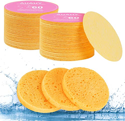 AUAUY 60Pz Spugnette Viso Pulizia, Viso Compressa Spugna, 100% Naturale Compresse Spugne per Viso in Cellulosa per la Pulizia del Facial, Esfoliante, Rimozione Trucco (Beige)