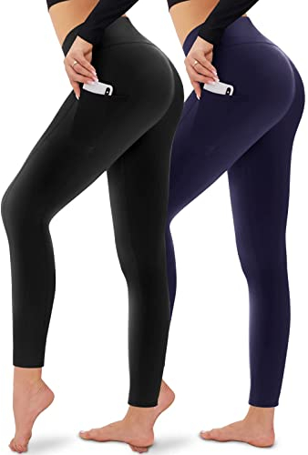 CAMPSNAIL 2er Pack Leggings Damen Schwarz High Waist Sport Leggins Blickdicht Sporthose für Gym Yoga(Schwarz& Dunkelblau-T,S-M)