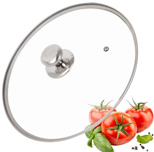 DIIG Pannlock 28 cm, glaslock med rostfri kant, grytlock med metallknopp, universellt lock för kastrull och panna, värmebeständigt