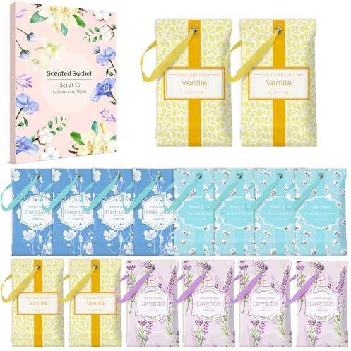 Scent-Hi Scented Sachets, Wardrobe Fresheners, Long Lasting Fragrance Lavender, Fresh Linen, Cotton, Vanilla for Drawer Liners, Bedroom, Wardrobe, Pack of 16