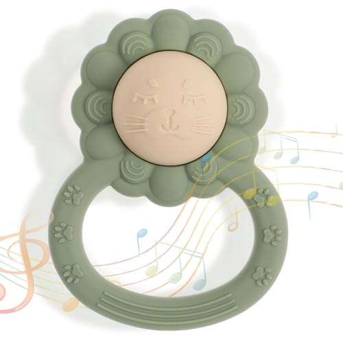 Dirbabi Rattle Teether, Lion Shape Montessori Baby Sensory Teething Toys, Food Grade Silicone BPA Free, Newborn Essentials Must Haves (Shifting Sand Sage)