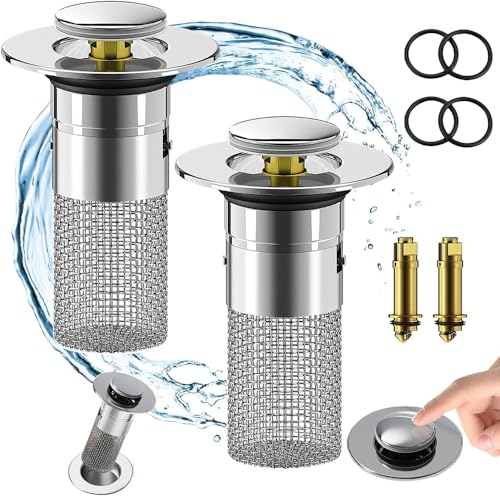 2 Stücke Waschbeckenstöpsel mit sieb Edelstahl,für 34-40mm Abfluss Ablauf,Waschbeckenstöpsel mit Siebkörbchen,Abflussstopfen Edelstahl Waschbeckenstöpsel,Abflussstopfen Waschbecken mit Haarsieb