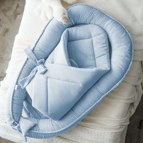 PaLulli Set 2 in 1 per neonati e coperta, 100% mussola, paracolpi per bambini, paracolpi per neonati, nido per bambini (blu)