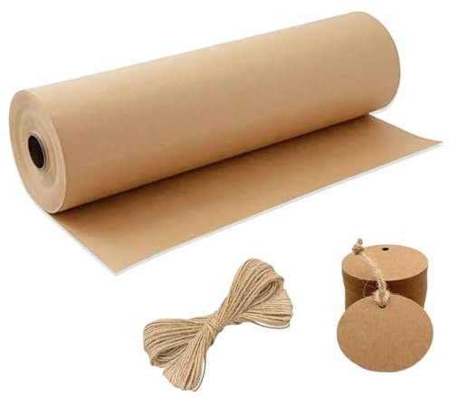 Rollo de papel de regalo – Papel de estraza de 30 cm × 30 m con 20 etiquetas de papel kraft y 30 m de cuerda de yute, papel de embalaje para envolver regalos, manualidades, producción de bricolaje,