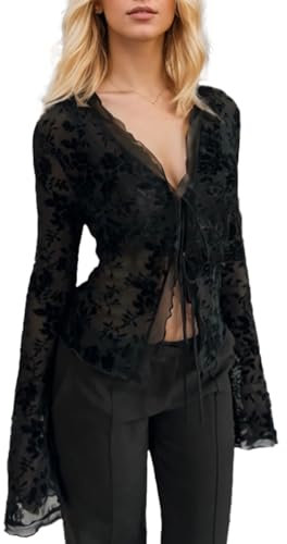 EMOTTOS Damen Sexy Sheer Schmales V-Ausschnitt Crop Top, Rüschenbluse Bauchfreie Oberteile Ruffled Flared Langarm Sleeves Mesh Tops, Y2K Chiffon Tie Front Kurzer Damen Party, Schwarz, L