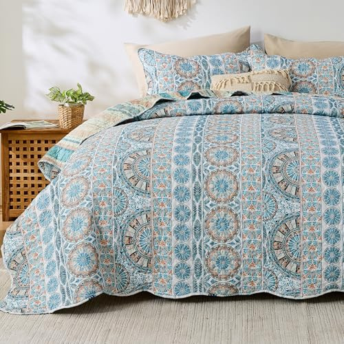 Qucover Colcha Cama 180 Bohémico, Cubrecama 250x270 cm Diseño Reversible con Motivos Geométricos Étnicos, Colcha Acolchado Azul para Decoración Interior con 2 Fundas de Almohada 50x75 cm