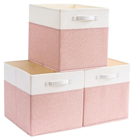 Mangata Cajas de almacenamiento en forma de cubo de 28 x 28 x 28 cm, cestas de almacenamiento de tela para cubos de ropa, cestas, cofres, juguetes (rosa/blanco crema, 3 piezas)