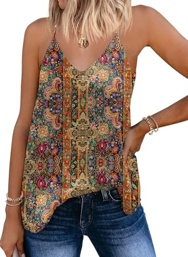 SUNAELIA Chiffon Cami V Neck Tank Tops for Women Loose Fit Flowy Spaghetti Strap Camisole Summer Casual Sleeveless Shirts