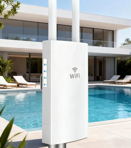 WONLINK Repeteur WiFi Exterieur, AC1200 Point d'accès WiFi Exterieur Double Bande Amplificateur WiFi Exterieur avec 48V PoE Port Gigabit, 2 Antenne, IP66 Outdoor Répéteur Longue Portée, MU-MIMO