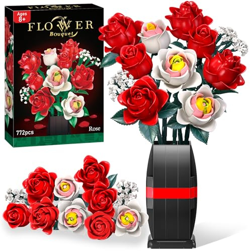 Ophy Kit de Construction Bouquet de Roses 772 PCS avec Vase - Fleurs Artificielles, Rose Artificielle - Idée Cadeau Femme pour Anniversaire, Noel - Décoration Chambre, Décoration Maison