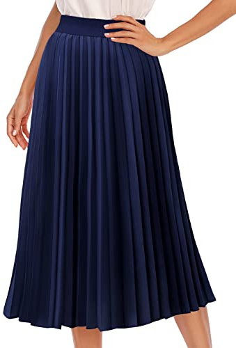 DRESSTELLS Pleated Midi Long Holiday Party Skirts for Women, Aline High Waisted Caual Office Work Chiffon Skirt 2025 Navy L