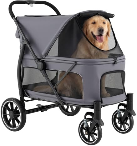 COSTWAY Dog Stroller, 96x71x102.5cm Foldable Dog Pushchair with Adjustable Mesh Canopy, Storage Pockets, Safety Belt, Pet Travel Buggy for Medium and Large Dogs (Grey)