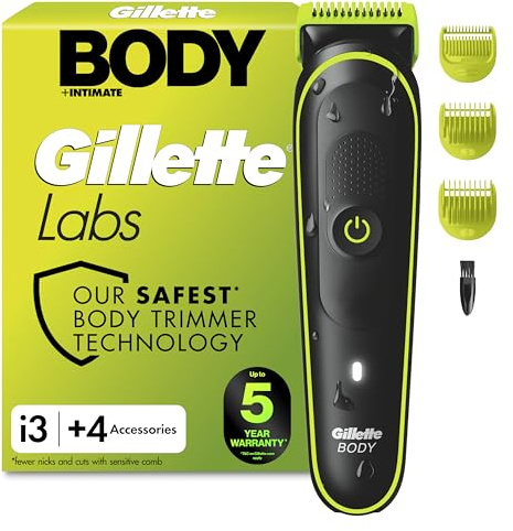 GilletteLabs i3 Body + Intimate Hair Trimmer for Men, 2 Body Combs | Precision Body & Pubic Hair Trimming, Cleaning Brush, SkinFirst Technology, Waterproof, 80-Min Runtime