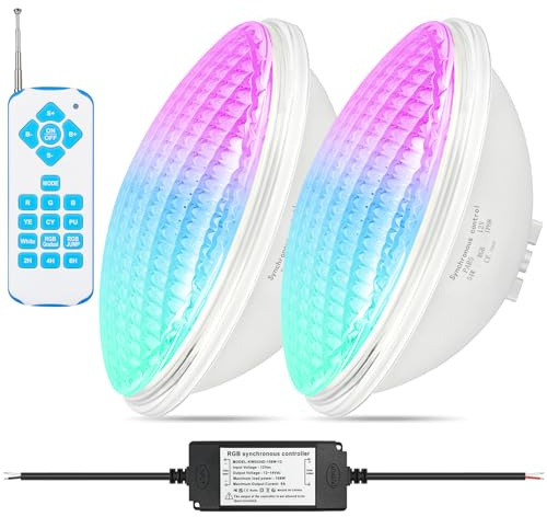 KOLLNIUN Illuminazione LED per piscina RGB, 54W, PAR56, luce subacquea, lampada da bagno, sincronizzazione esterna con telecomando, 12 V AC, IP68 impermeabile (confezione da 2)