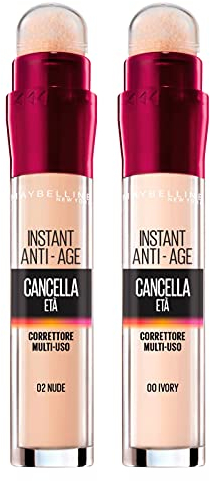 2x Maybelline New York Correttore Liquido Il Cancella Età Colori 00 Ivory e 02 Nude con Bacche di Goji e Haloxyl