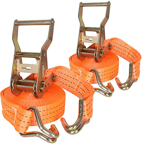 LOLYSIC Lot de 2 sangles de serrage 6 m avec cliquet, 2 000 kg, résistantes à la rupture cargo pour déplacer et sécuriser les engins de fret et les motos